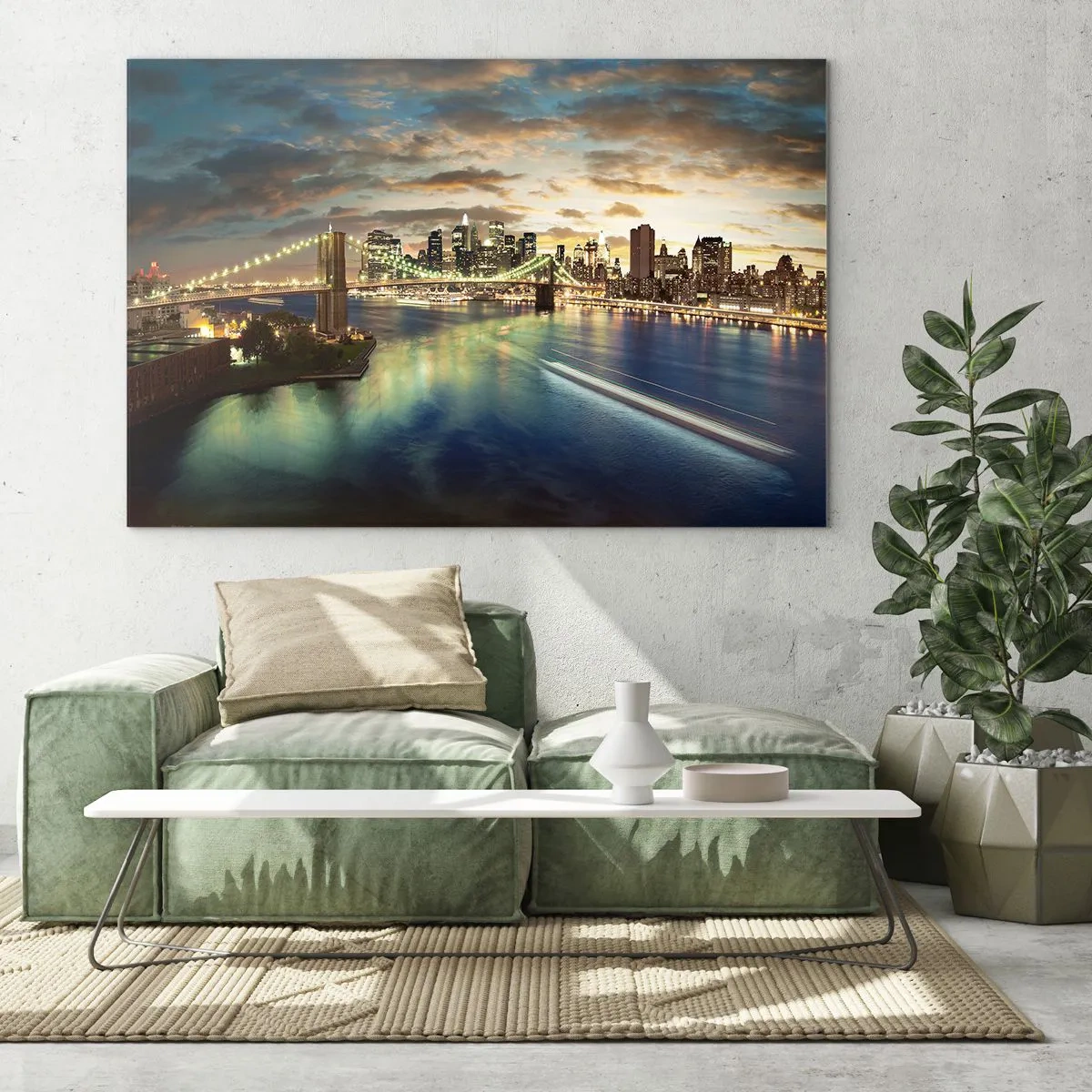 Obraz na skle - Pohľad na most a mesto pri západe slnka - 70x50cm - Žiarivý večer nad Manhattanom - Moderná nástenná dekorácia do obývacej izby a spálne ARTTOR