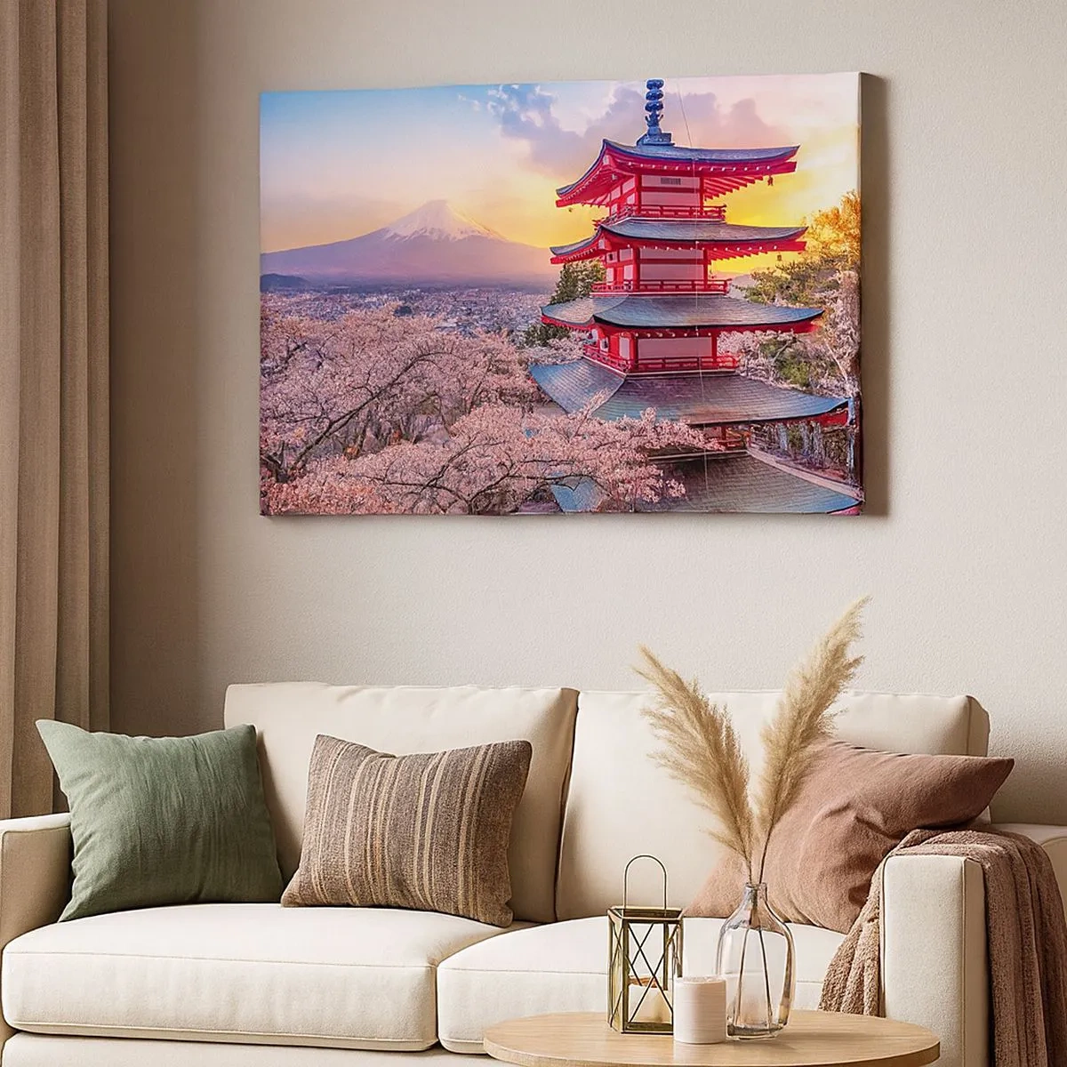 Obraz na plátne - Pagoda v Japonsku s čerešňovými kvetmi a horou Fudži - 70x50cm - Podstata japonského ducha - Moderná nástenná dekorácia do obývacej izby a spálne ARTTOR