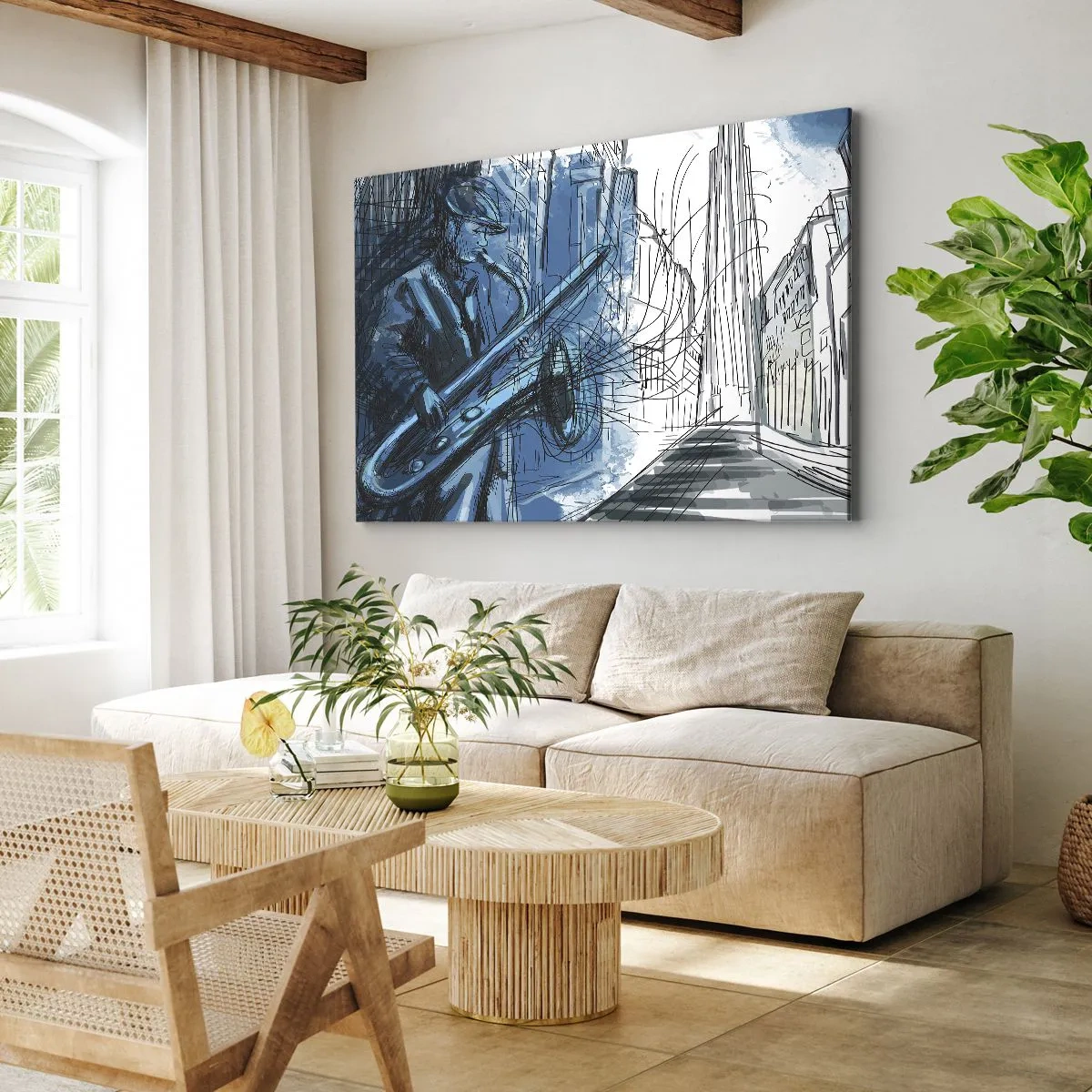 Obraz na plátne - Postava hrajúca na saxofón na pozadí mesta - 70x50cm - Mestská rapsódia - Moderná nástenná dekorácia do obývacej izby a spálne ARTTOR