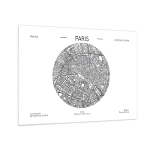 Obraz na skle - Kruhová mapa Paríža v čiernobielej ilustrácii - 70x50cm - Anatómia Paríža - Moderná nástenná dekorácia do obývacej izby a spálne ARTTOR
