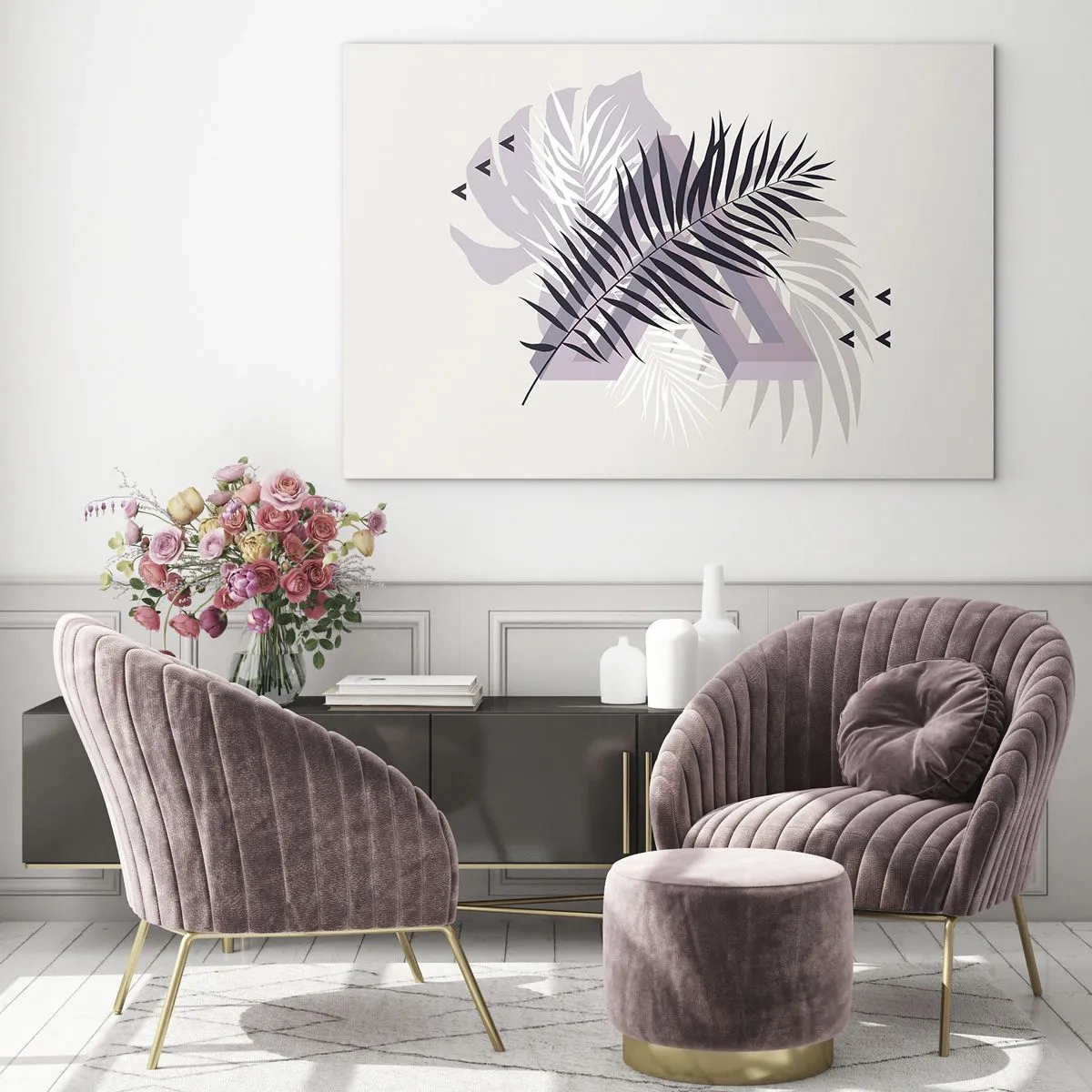 Obraz na skle - Minimalistická kompozícia s palmovými listami a geometrickými tvarmi. - 70x50cm - Tieň tieňa - Moderná nástenná dekorácia do obývacej izby a spálne ARTTOR
