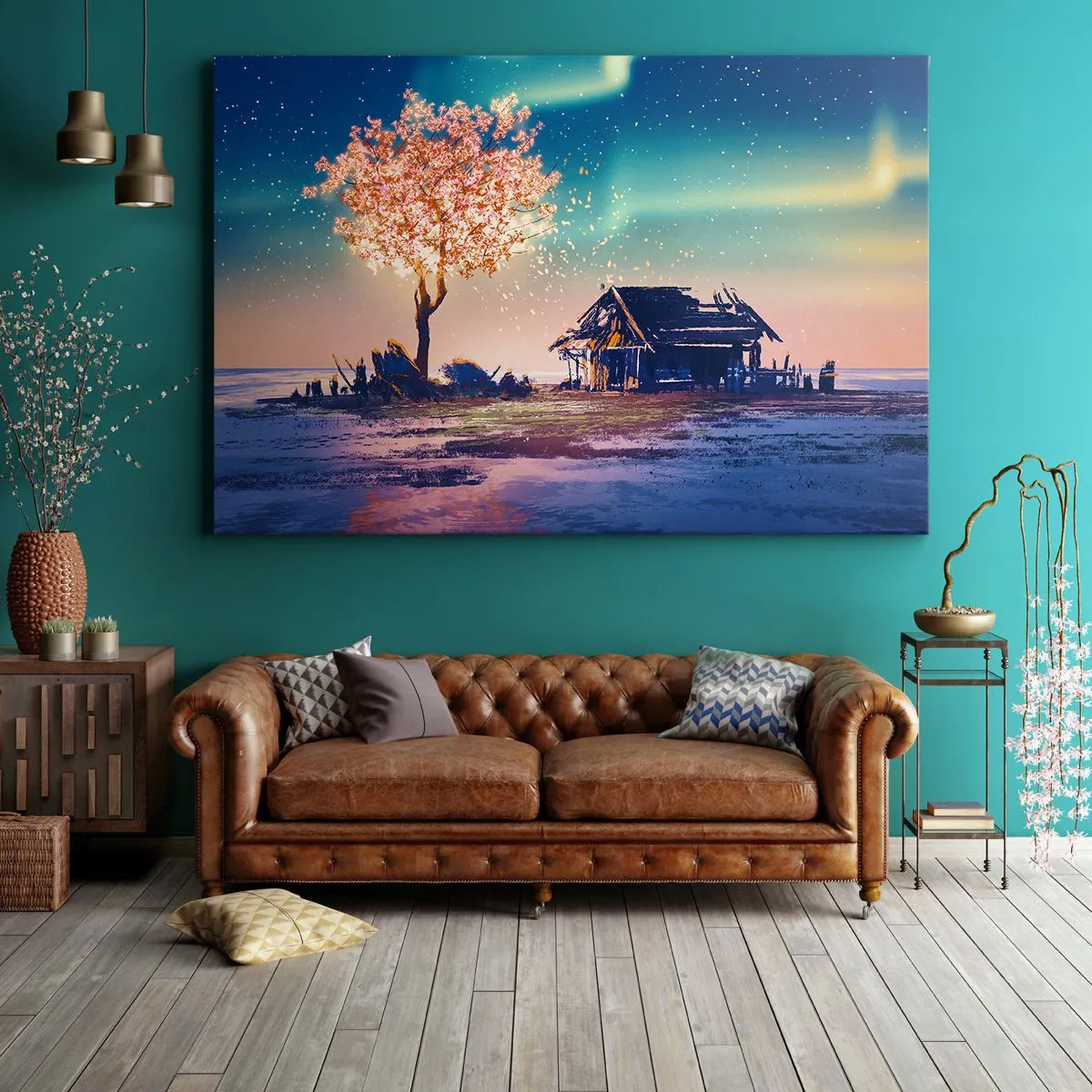 Obraz na plátne - Dom a kvitnúci strom pod nočnou oblohou - 70x50cm - Príroda neskončí - Moderná nástenná dekorácia do obývacej izby a spálne ARTTOR