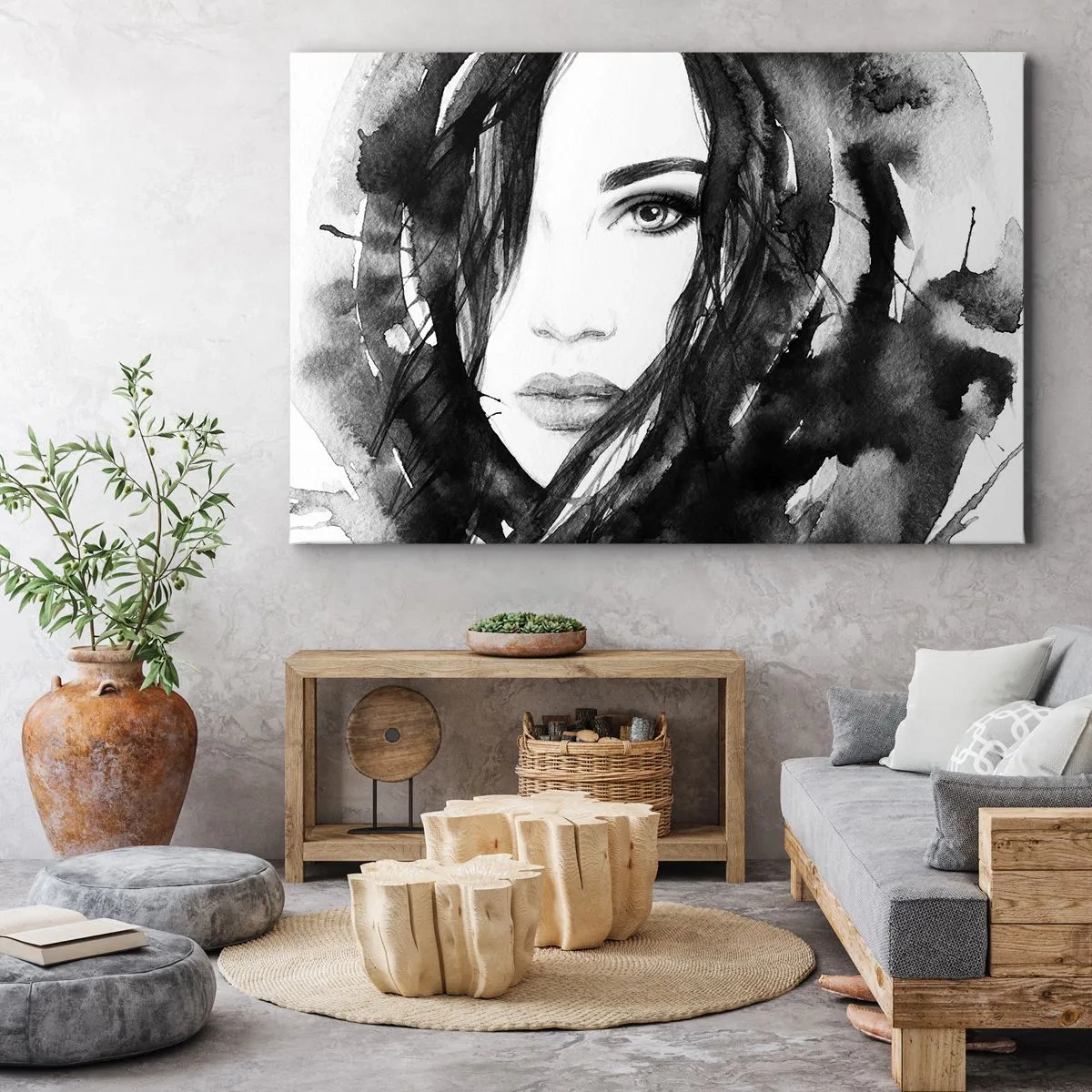 Obraz na plátne - Portrét ženy v čiernobielom akvarelovom štýle - 70x50cm - Portrét dámy v čiernej a bielej - Moderná nástenná dekorácia do obývacej izby a spálne ARTTOR