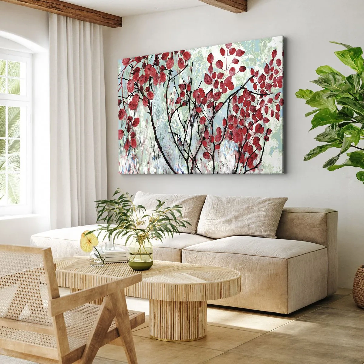 Obraz na plátne - Červené listy proti jasnej oblohe s abstraktnými vzormi - 70x50cm - Strom v šarlátovej - Moderná nástenná dekorácia do obývacej izby a spálne ARTTOR