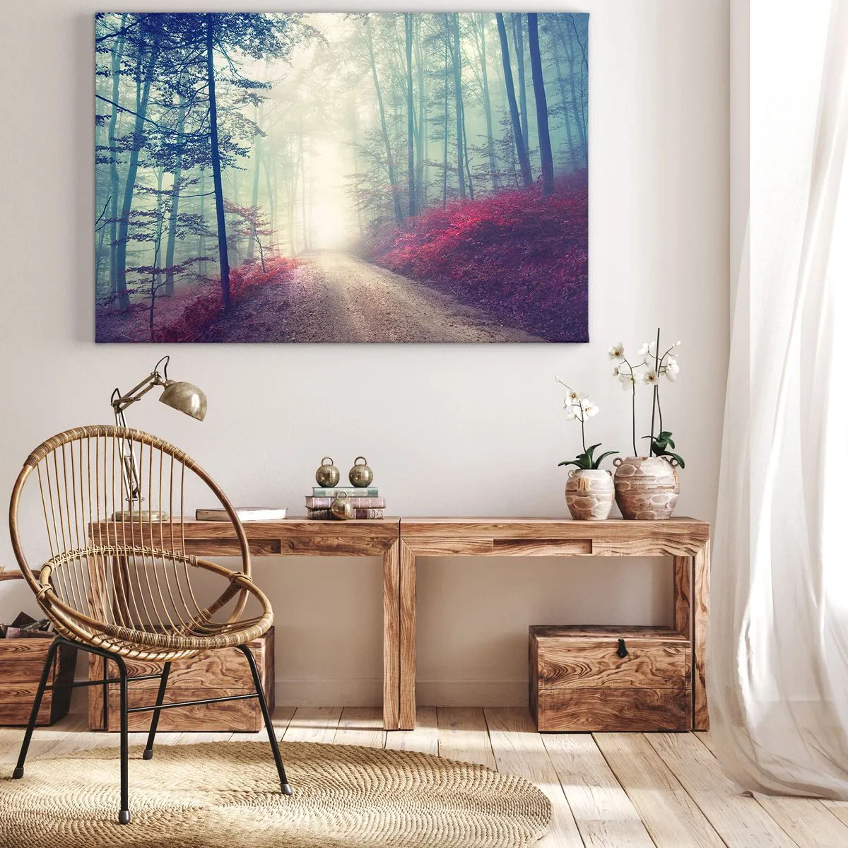 Obraz na plátne - Čarovný lesný chodník obklopený stromami a hmlou - 70x50cm - Je dobre vstať s východom slnka - Moderná nástenná dekorácia do obývacej izby a spálne ARTTOR