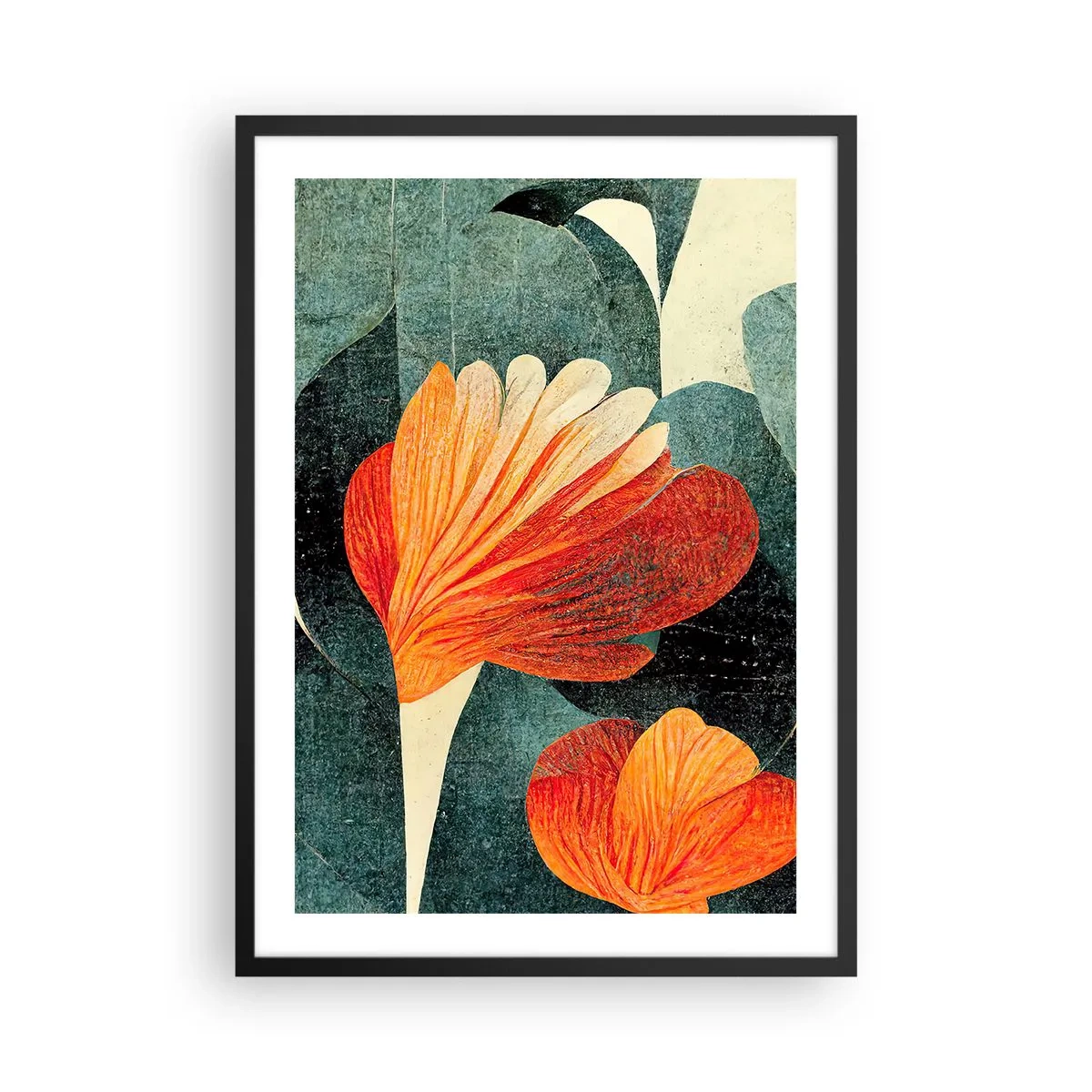 Plagát v čiernom ráme - Abstraktné kvety v odtieňoch oranžovej a zelenej - 50x70cm - Tropické horúco a chlad zelene - Moderná nástenná dekorácia do obývacej izby a spálne ARTTOR
