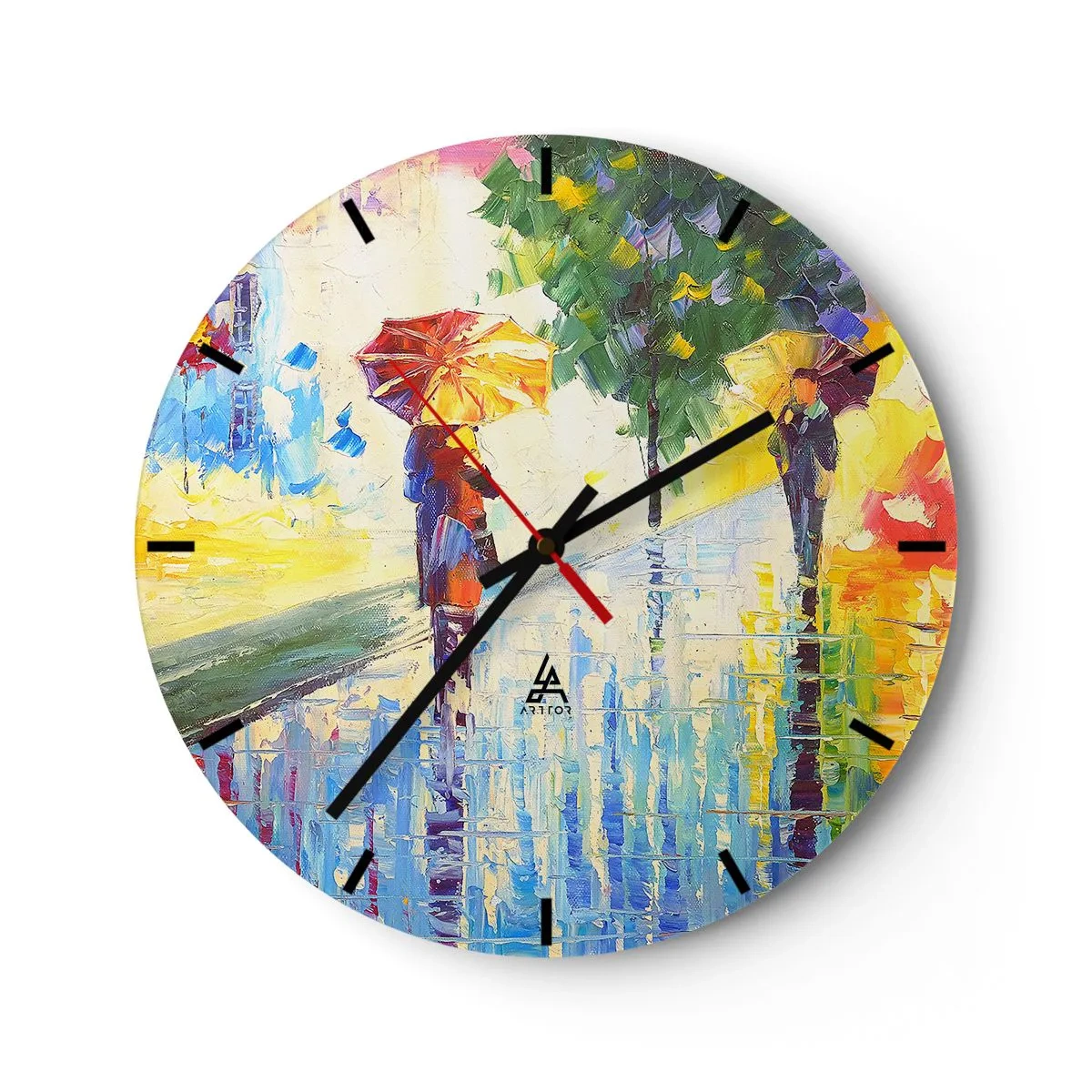 Nástenné hodiny - Postavy s dáždnikmi kráčajúce v daždivý deň - 30x30cm - A všetko je jasné - Moderná nástenná dekorácia do obývacej izby, kuchyne a spálne ARTTOR