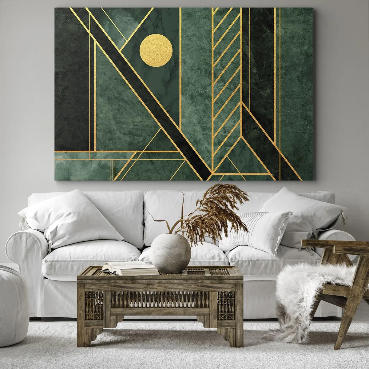 Obraz na plátne - Zelený a zlatý geometrický dizajn s elegantným vzorom - 70x50cm - Dynamika zlata a lazuritu - Moderná nástenná dekorácia do obývacej izby a spálne ARTTOR
