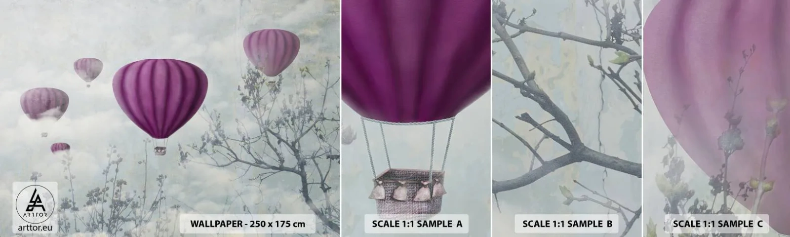 Vzorka samolepiacej fototapety Deluxe Sticker - Ako lode na oblohe - Abstrakcia, Let balónom, Grafika - 100x30 cm