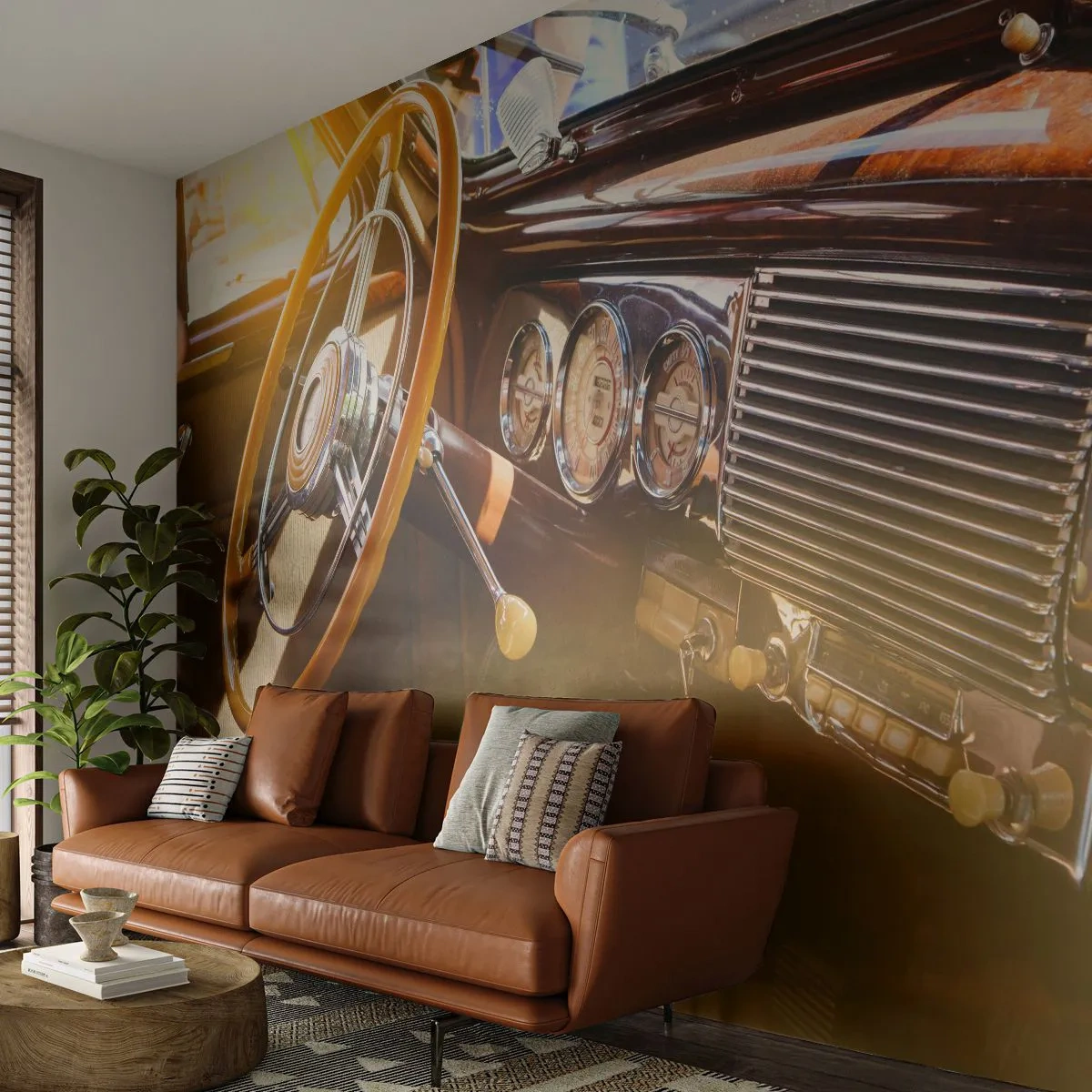 Fototapeta Premium Sand - Závan luxusu z minulosti - Vintage auto, Automobilový priemysel, Dashboard - 350x256 cm