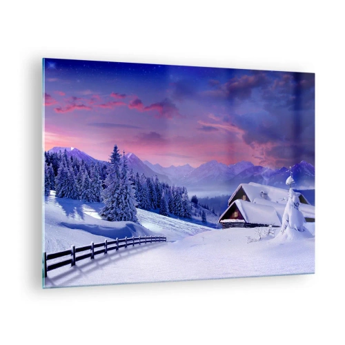 Obraz na skle - Zimná krajina s chatou a zasneženými horami - 70x50cm - Tichá noc - Moderná nástenná dekorácia do obývacej izby a spálne ARTTOR