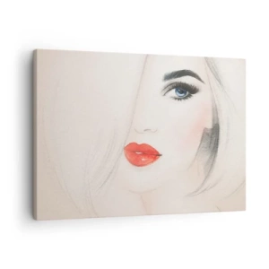 Obraz na plátne - Minimalistický portrét ženy s modrými očami a červenými perami. - 70x50cm - Hypnotizuje a omamuje - Moderná nástenná dekorácia do obývacej izby a spálne ARTTOR