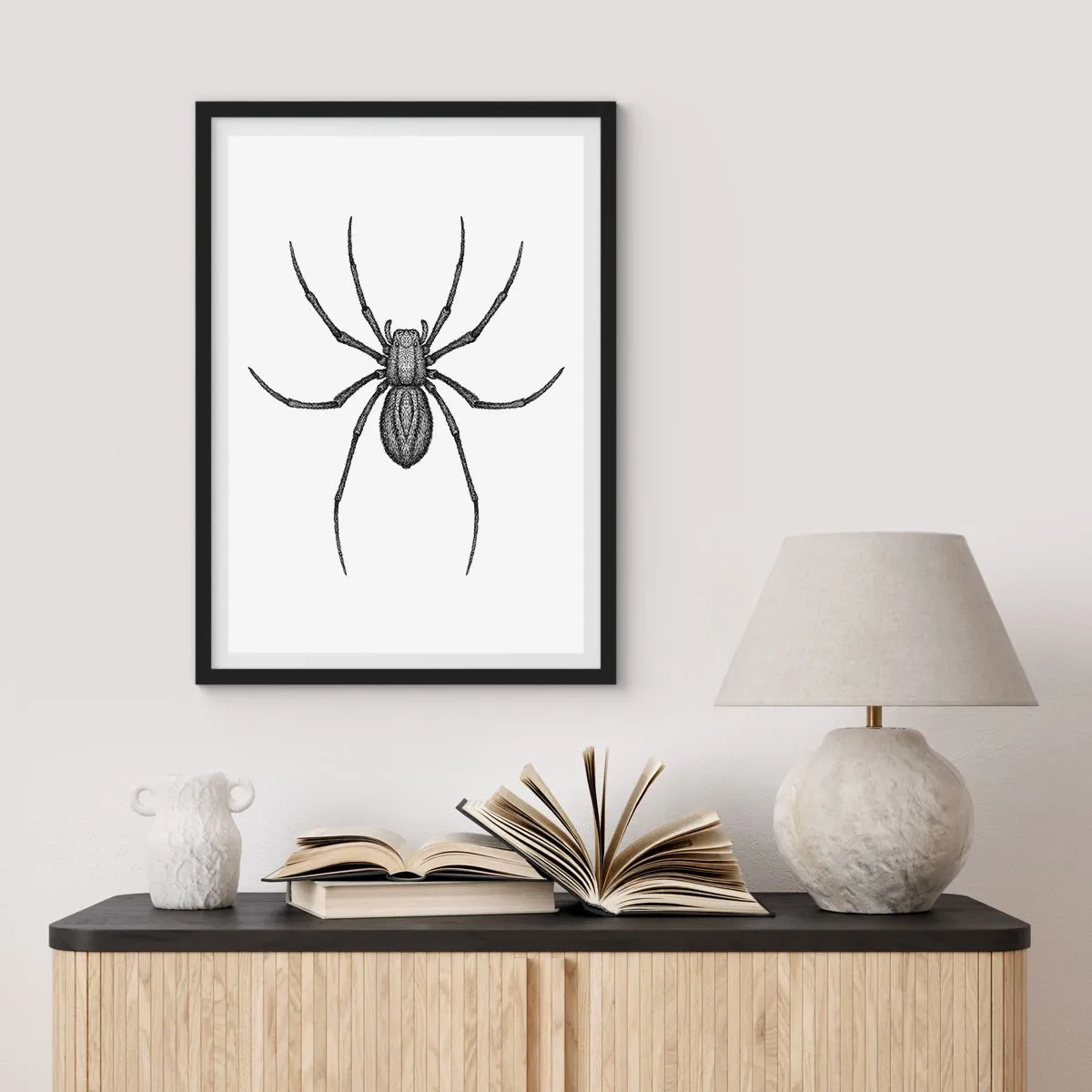 Plagát v čiernom ráme - Detailná ilustrácia pavúka na bielom pozadí - 50x70cm - Znepokojivá presnosť - Moderná nástenná dekorácia do obývacej izby a spálne ARTTOR