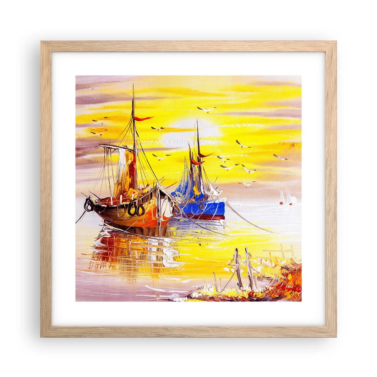 Plagát v ráme zo svetlého duba - Zaslúžený odpočinok v prístave - 40x40 cm