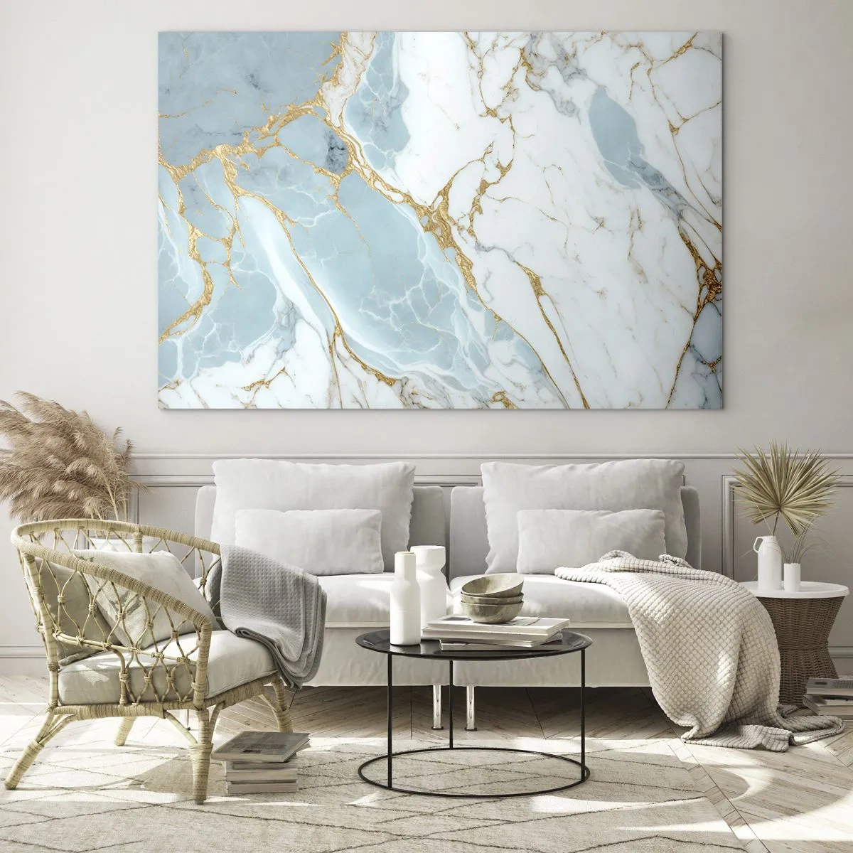 Obraz na skle - Abstraktný mramor v odtieňoch modrej a zlatej - 70x50cm - Bohatstvo kameňa - Moderná nástenná dekorácia do obývacej izby a spálne ARTTOR