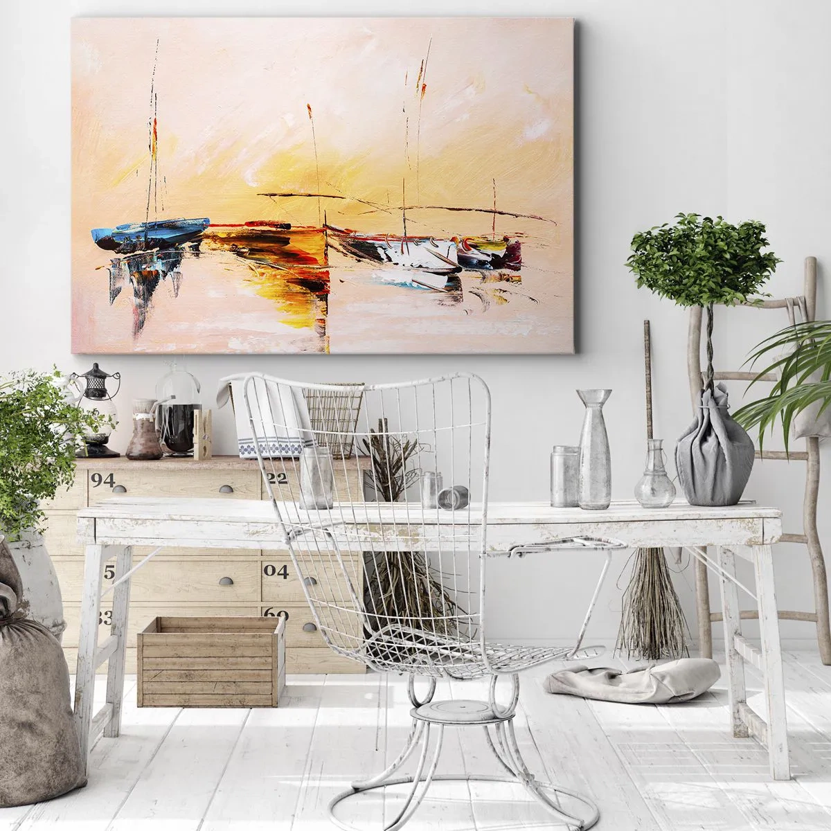 Obraz na plátne - Farebné lode na pokojnej vode pri západe slnka - 70x50cm - Večer v prístave - Moderná nástenná dekorácia do obývacej izby a spálne ARTTOR