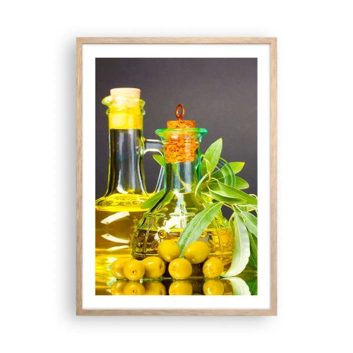Plagát v ráme zo svetlého duba - Zátišie s olivami a olejom - 50x70 cm