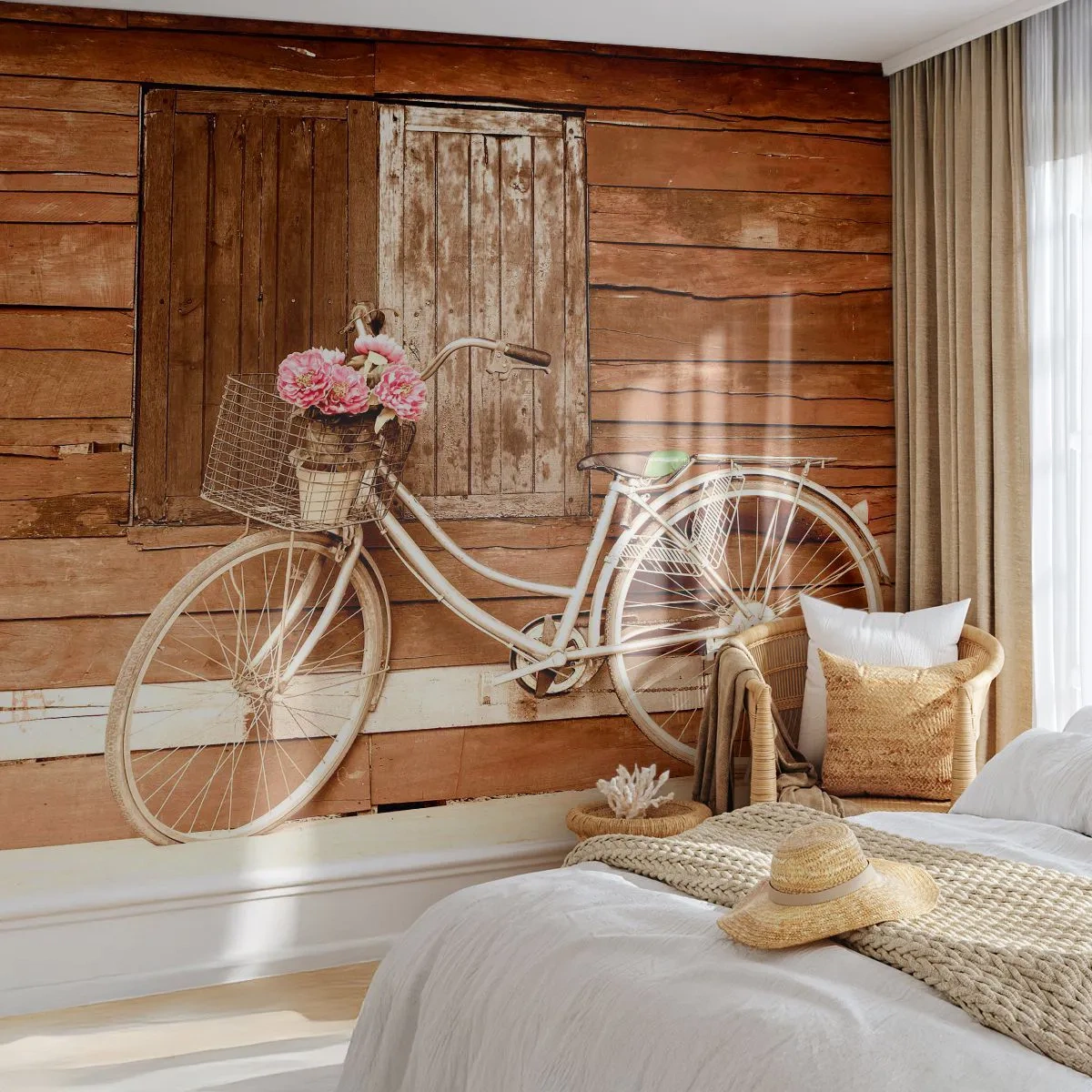 Fototapeta Premium Sand - Hneď sa vrátim - Bicykel, Kvety, Drevený dom - 350x256 cm