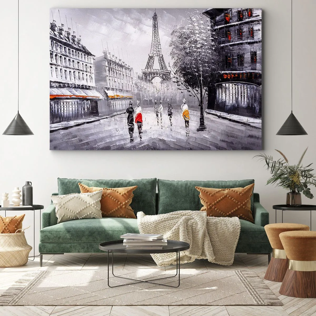 Obraz na plátne - Pohľad na Eiffelovu vežu v monochromatickom prostredí s farebnými akcentmi - 70x50cm - Parížska prechádzka - Moderná nástenná dekorácia do obývacej izby a spálne ARTTOR