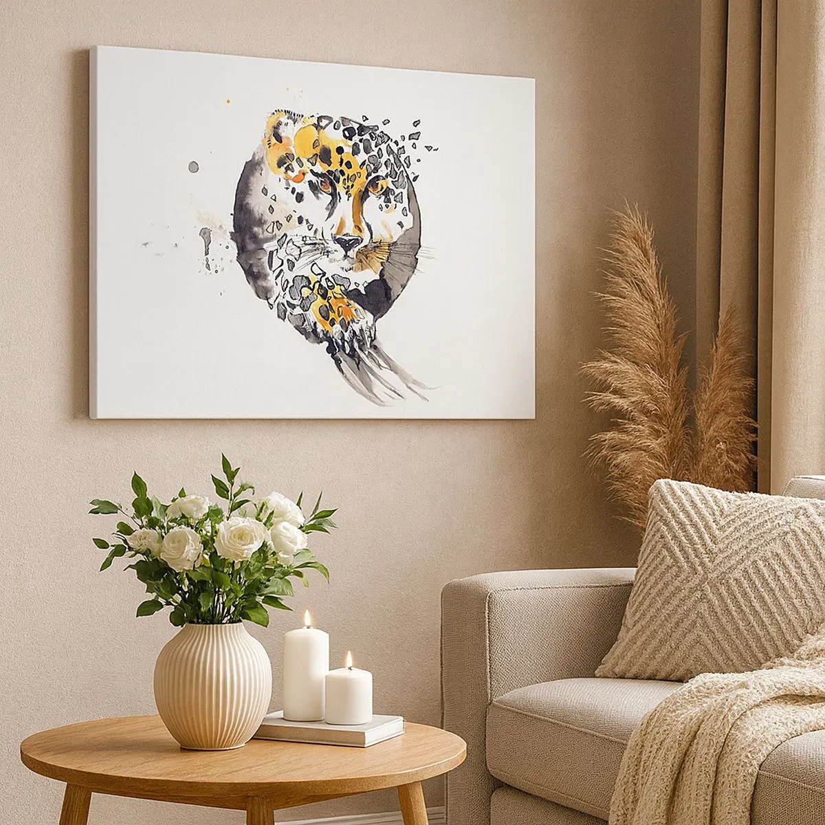 Obraz na plátne - Umelecká akvarelová maľba s motívom geparda - 70x50cm - Dravá krása - Moderná nástenná dekorácia do obývacej izby a spálne ARTTOR