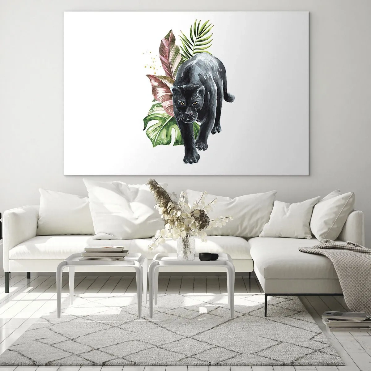 Obraz na skle - Čierny panter na pozadí tropických listov v akvarelovom štýle - 70x50cm - Divokosť v srdci - Moderná nástenná dekorácia do obývacej izby a spálne ARTTOR