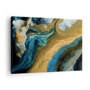 Obraz na plátne - Abstraktné vlny v odtieňoch zlatej a modrej - 70x50cm - Modrá – žltá – vzájomné vplyvy - Moderná nástenná dekorácia do obývacej izby a spálne ARTTOR