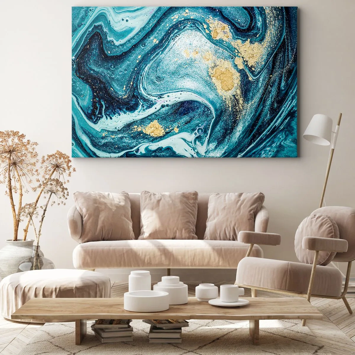 Obraz na plátne - Abstraktná kompozícia vĺn a zlatých akcentov - 70x50cm - Modrý vír - Moderná nástenná dekorácia do obývacej izby a spálne ARTTOR