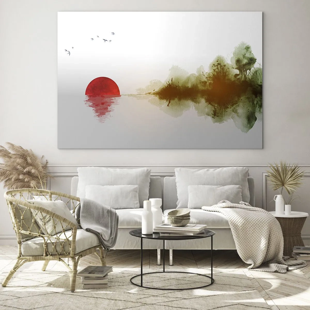 Obraz na skle - Červené slnko nad vodou a obrys lesa - 70x50cm - Prísľub pokoja - Moderná nástenná dekorácia do obývacej izby a spálne ARTTOR