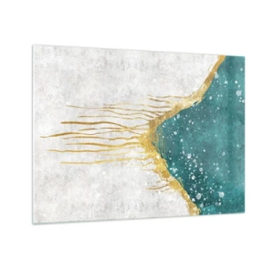 Obraz na skle - Abstraktný zlatý vzor na tyrkysovo-bielom pozadí - 70x50cm - Zlatý príliv - Moderná nástenná dekorácia do obývacej izby a spálne ARTTOR