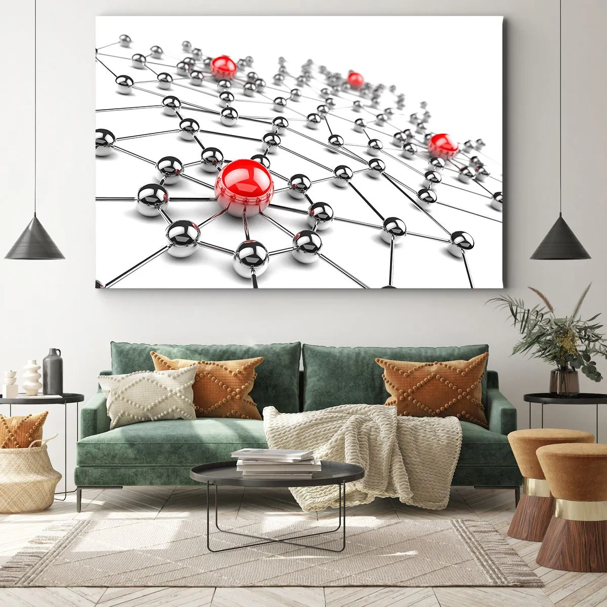 Obraz na plátne - Sieť kovových guličiek s červenými akcentmi - 70x50cm - Strieborná sieť - Moderná nástenná dekorácia do obývacej izby a spálne ARTTOR
