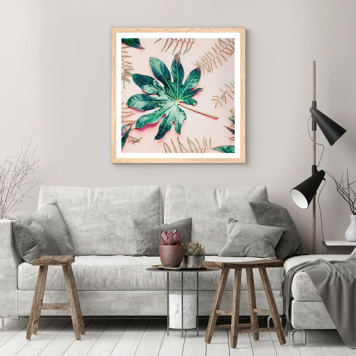 Plagát v ráme zo svetlého duba - Štúdia zelenej na ružovom pozadí - 50x50 cm