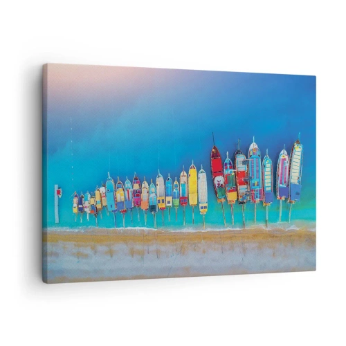 Obraz na plátne - Farebné lode zoradené v rade na brehu - 70x50cm - Z vtáčej perspektívy - Moderná nástenná dekorácia do obývacej izby a spálne ARTTOR