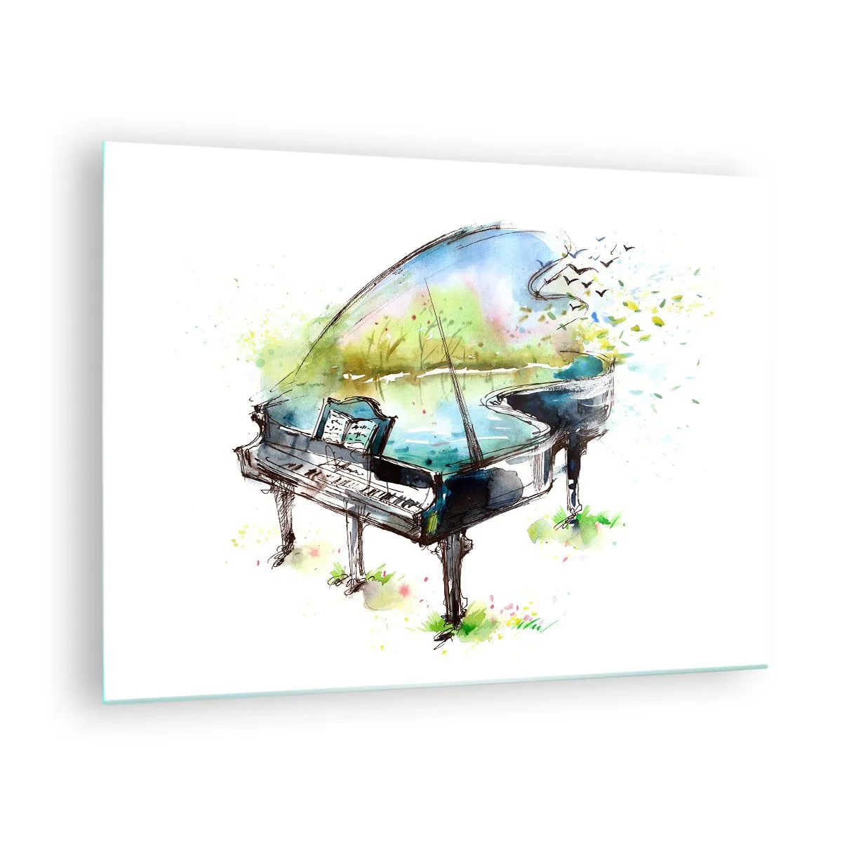 Obraz na skle - Akvarel klavíra obklopeného prírodou - 70x50cm - Zakliate v hudbe - Moderná nástenná dekorácia do obývacej izby a spálne ARTTOR