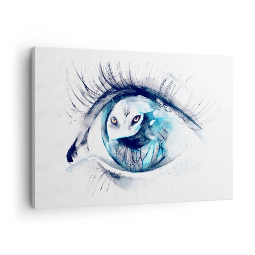 Obraz na plátne - Oko s obrázkom sovy v akvarelových odtieňoch modrej - 70x50cm - Z očí do očí s divočinou - Moderná nástenná dekorácia do obývacej izby a spálne ARTTOR