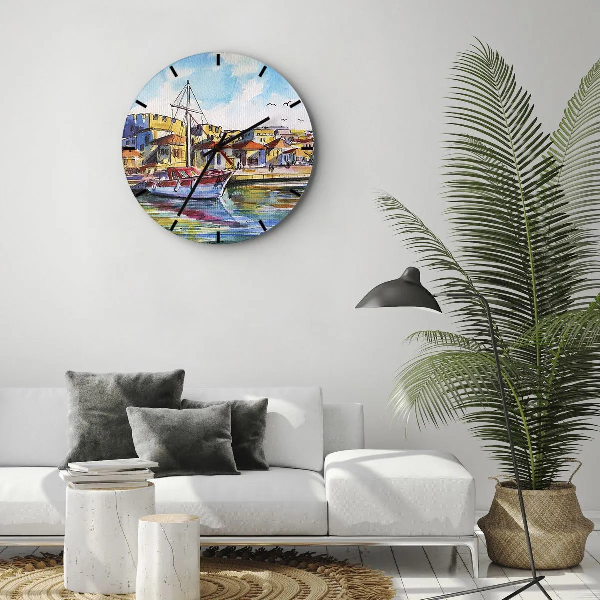 Nástenné hodiny - Farebný prístav s plachetnicami a budovami v stredomorskom štýle - 30x30cm - Dúhové popoludnie - Moderná nástenná dekorácia do obývacej izby, kuchyne a spálne ARTTOR