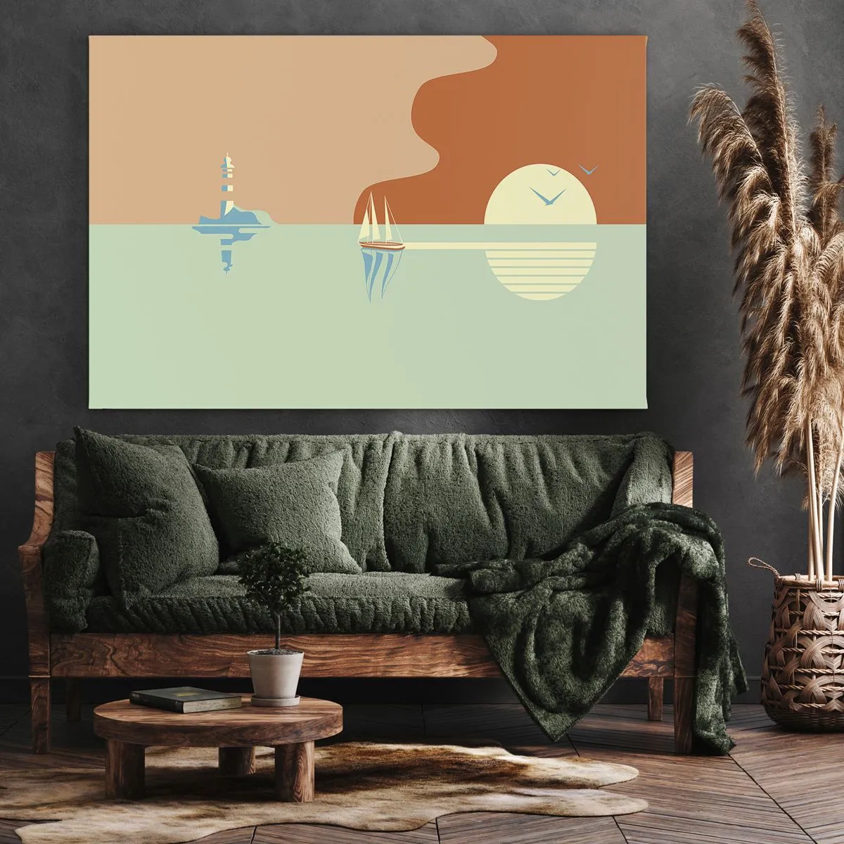 Obraz na plátne - Minimalistická morská krajina s plachetnicou a západom slnka - 70x50cm - Dokonalá morská krajina - Moderná nástenná dekorácia do obývacej izby a spálne ARTTOR
