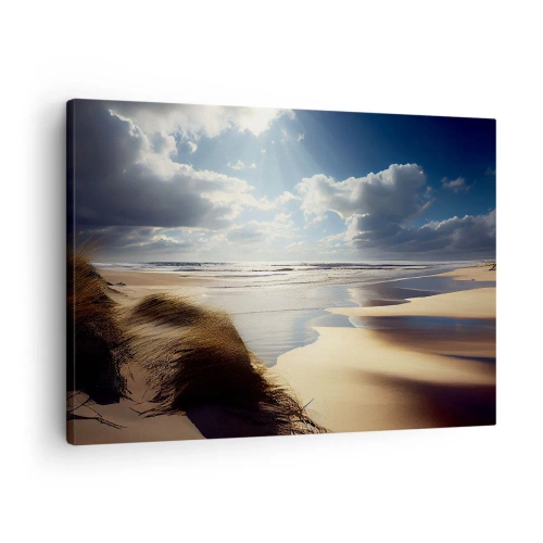 Obraz na plátne - Divoká pláž s dunami a modrou oblohou - 70x50cm - Pláž, divoká pláž - Moderná nástenná dekorácia do obývacej izby a spálne ARTTOR
