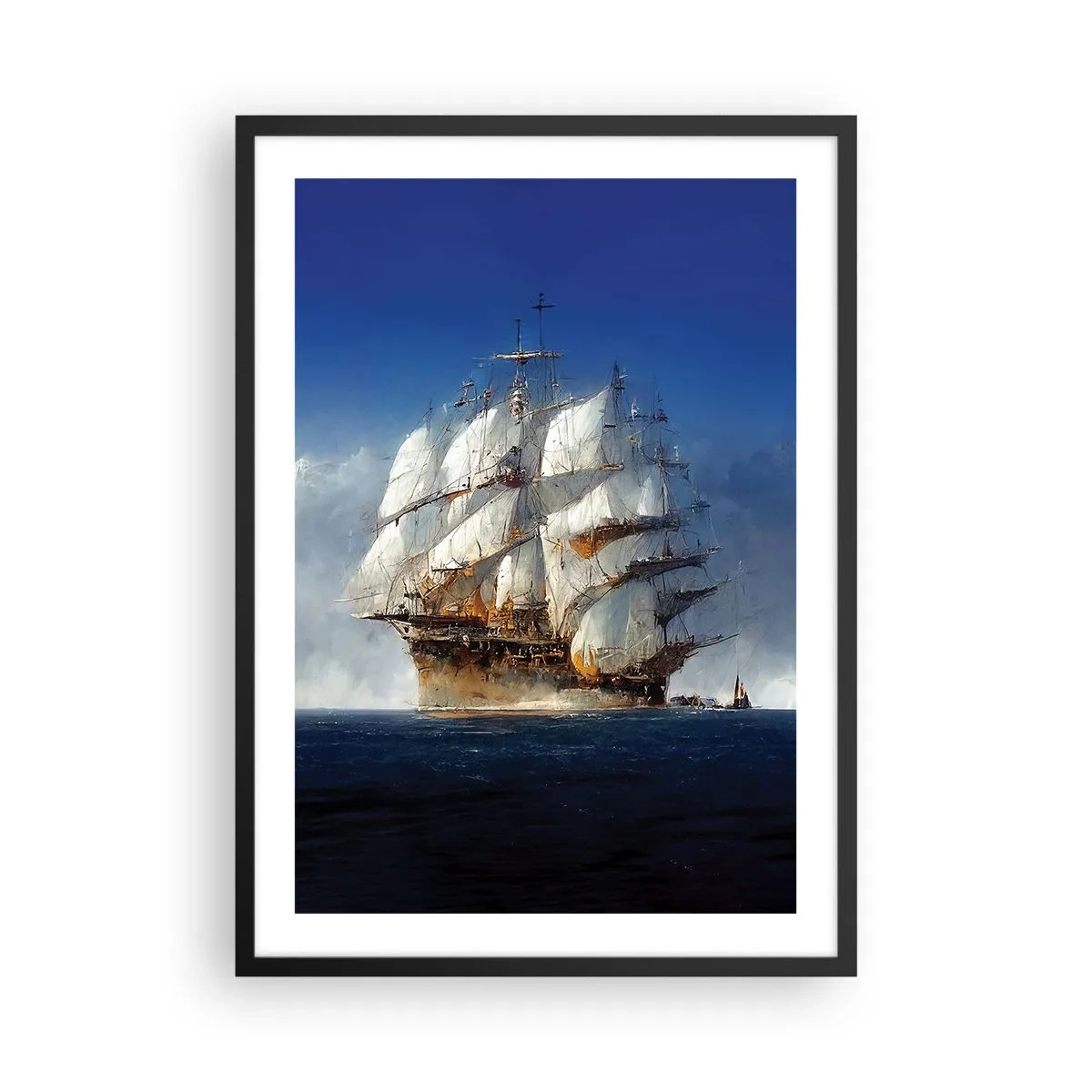 Plagát v čiernom ráme - Plachetnica na otvorenom mori pod plnými plachtami na slnečnom svetle - 50x70cm - The great glory! - Moderná nástenná dekorácia do obývacej izby a spálne ARTTOR