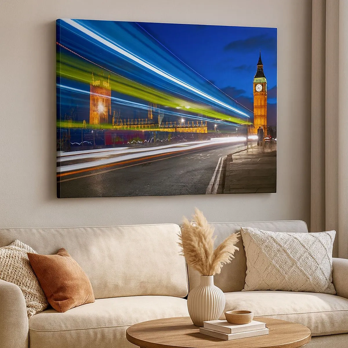 Obraz na plátne - Big Ben v noci s efektom svetiel v pouličnej premávke - 70x50cm - Pod dohľadom Big Bena - Moderná nástenná dekorácia do obývacej izby a spálne ARTTOR