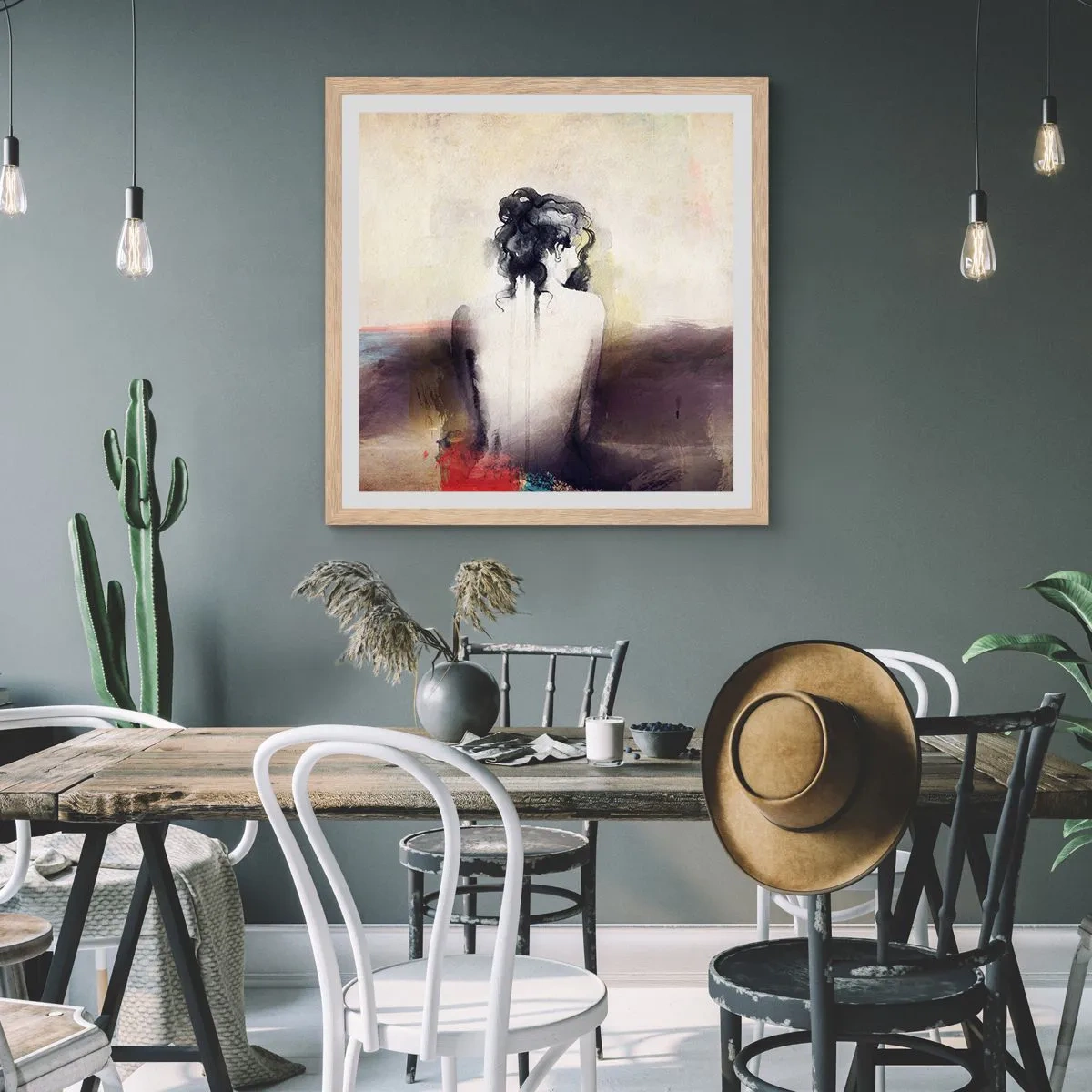 Plagát v ráme zo svetlého duba - Jemné línie, oválne tvary - 30x30 cm