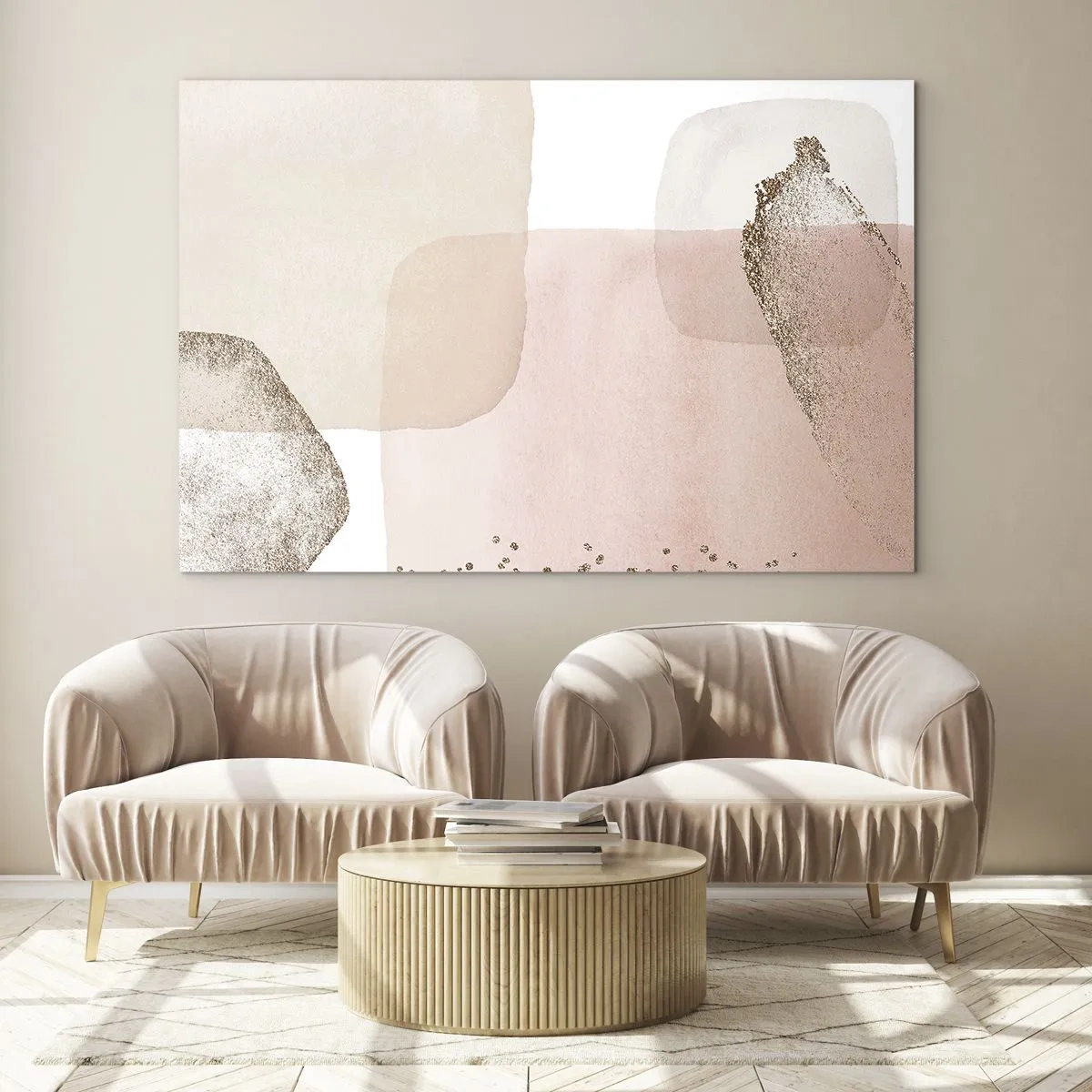Obraz na skle - Abstraktná kompozícia v odtieňoch ružovej, béžovej a zlatej. - 70x50cm - Pohľad cez farby - Moderná nástenná dekorácia do obývacej izby a spálne ARTTOR