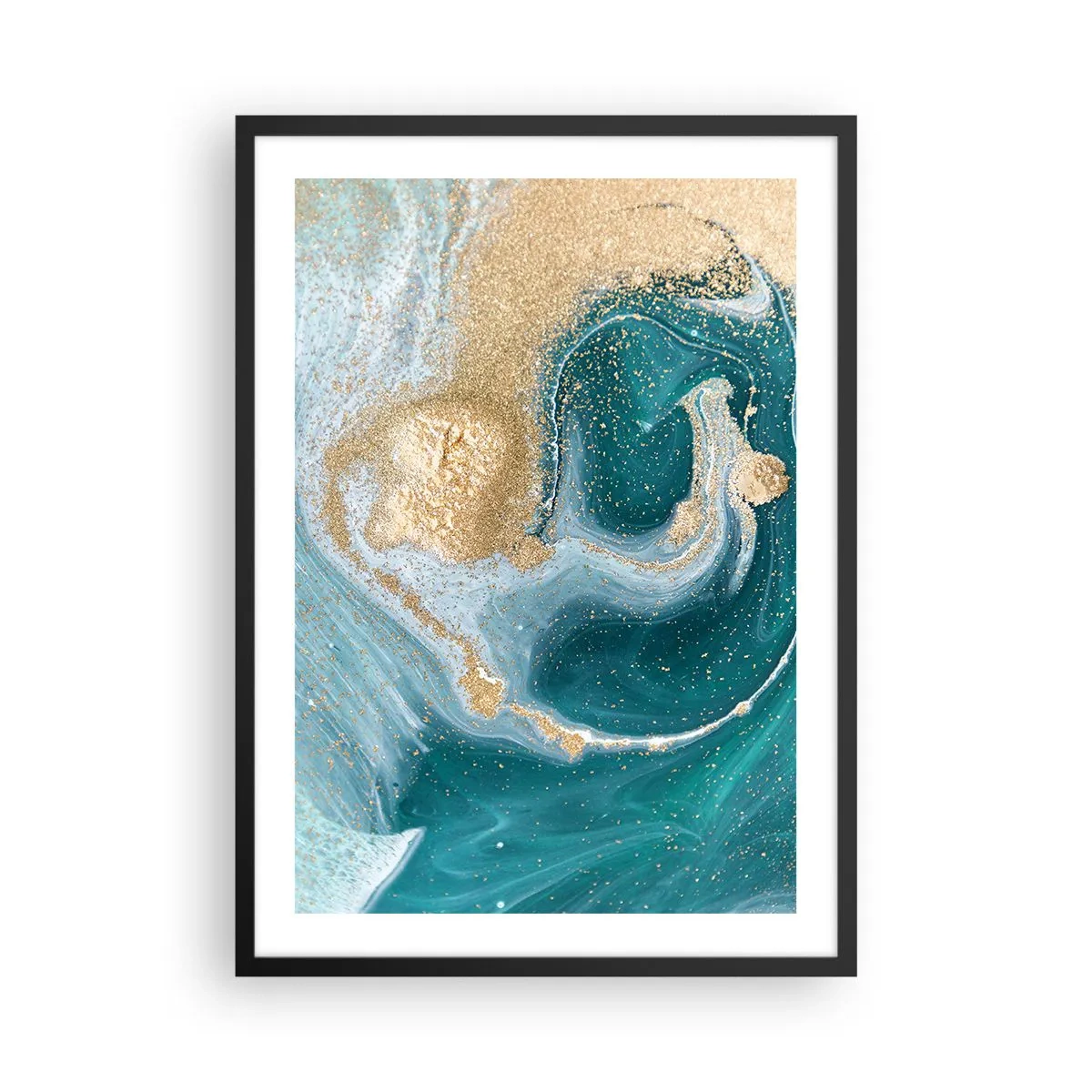 Plagát v čiernom ráme - Abstraktný zlatý a tyrkysový motív v fluidných formách - 50x70cm - Vír zlatej a tyrkysovej - Moderná nástenná dekorácia do obývacej izby a spálne ARTTOR