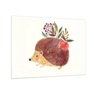 Obraz na skle - Kreslený ježko s jablkom a vetvičkami na chrbte - 70x50cm - A už ma máš rád - Moderná nástenná dekorácia do obývacej izby a spálne ARTTOR
