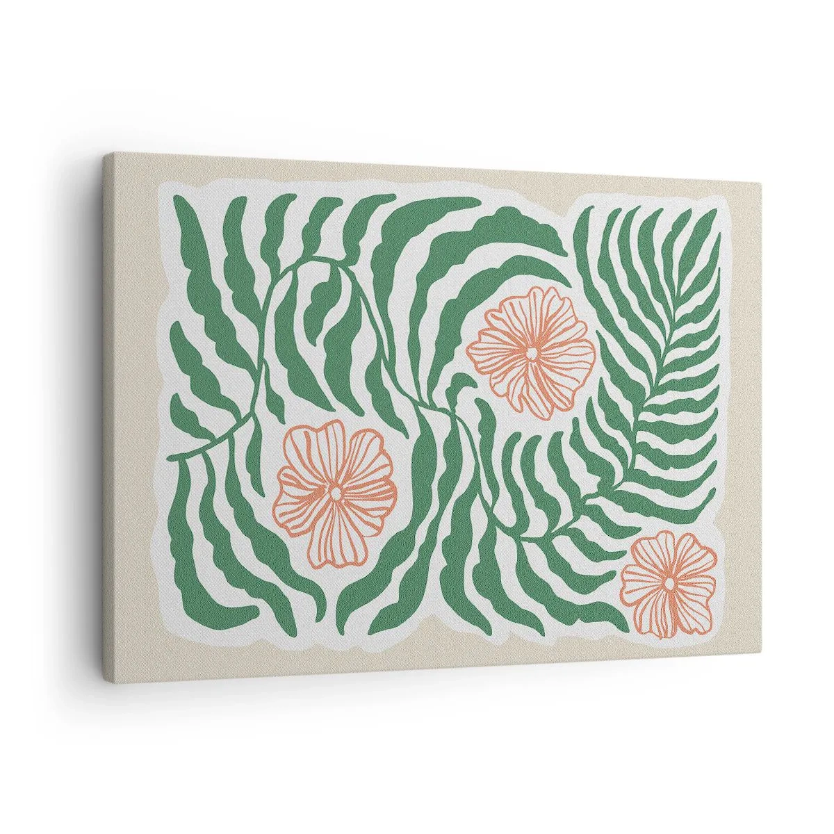 Obraz na plátne - Minimalistický motív zelených listov s kvetmi v odtieňoch oranžovej. - 70x50cm - Rozkvitnuté v zeleni - Moderná nástenná dekorácia do obývacej izby a spálne ARTTOR