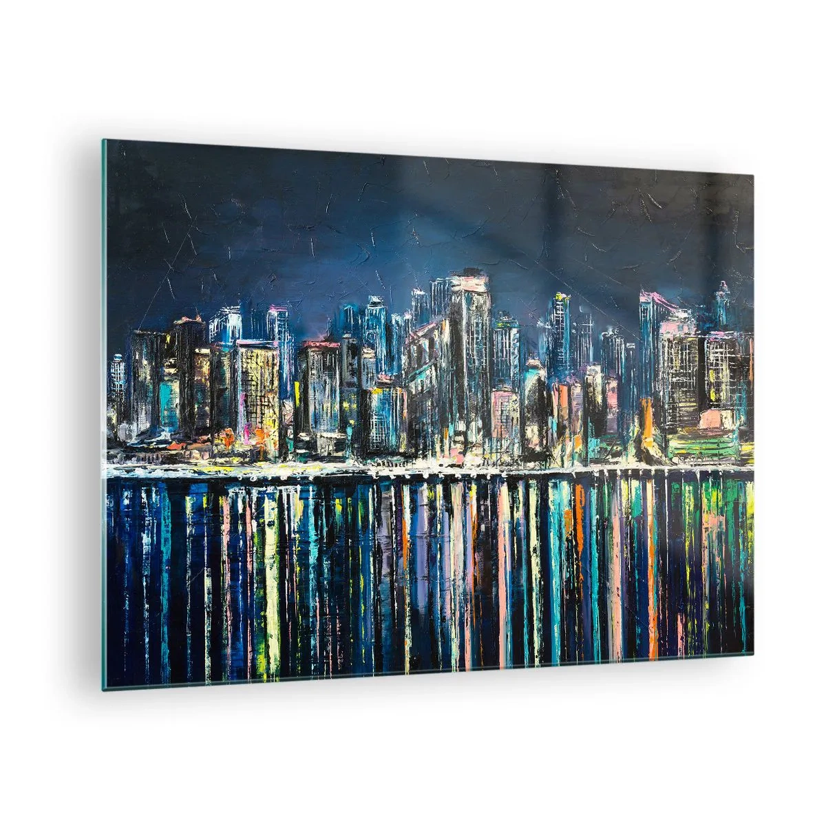 Obraz na skle - Panoráma mesta v noci so svetlami odrážajúcimi sa vo vode - 70x50cm - Kaskáda svetiel - Moderná nástenná dekorácia do obývacej izby a spálne ARTTOR