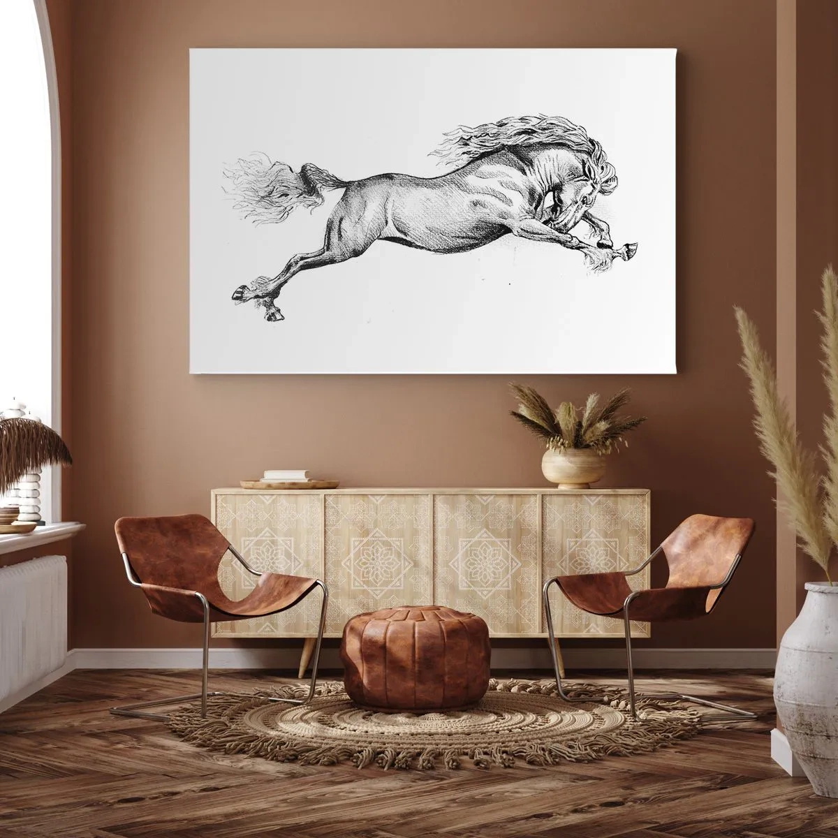 Obraz na plátne - Náčrt koňa v dynamickom cvale na bielom pozadí - 70x50cm - Zastavený v cvale - Moderná nástenná dekorácia do obývacej izby a spálne ARTTOR