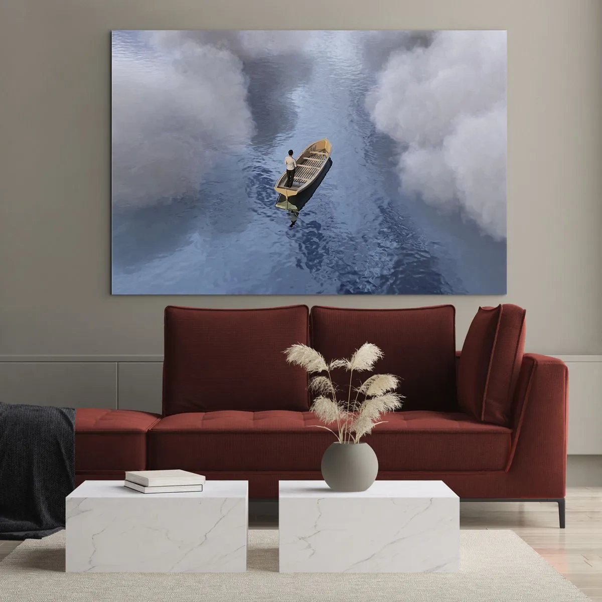 Obraz na skle - Muž v člne plachtiaci cez vodu medzi oblakmi - 70x50cm - Život – cesta – neistota - Moderná nástenná dekorácia do obývacej izby a spálne ARTTOR