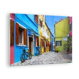 Obraz na skle - Farebná ulica s bicyklami a zdobenými domami - 70x50cm - Pastelové, sladké zákutia - Moderná nástenná dekorácia do obývacej izby a spálne ARTTOR