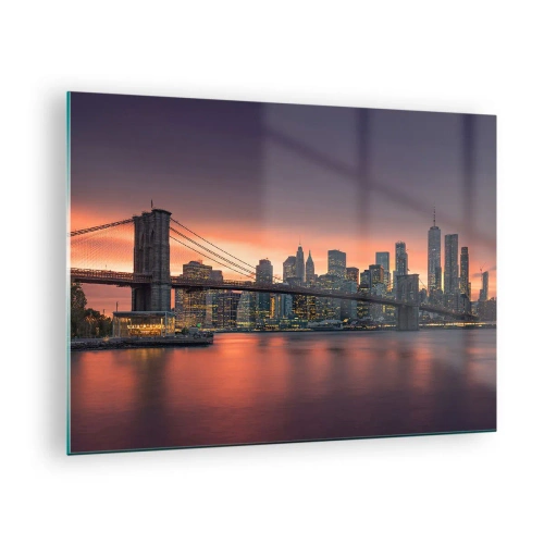 Obraz na skle - Brooklynský most pri západe slnka - 70x50cm - Ponorené do ľaliového ticha - Moderná nástenná dekorácia do obývacej izby a spálne ARTTOR