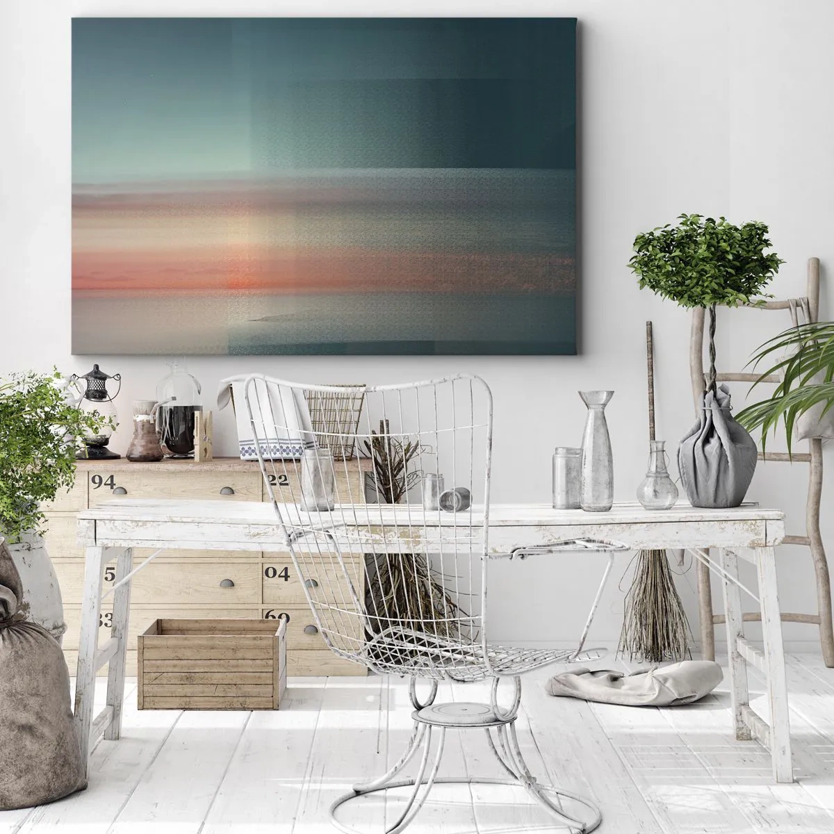 Obraz na plátne - Západ slnka v pastelových odtieňoch nad pokojným horizontom - 70x50cm - Abstrakcia: vlny svetla - Moderná nástenná dekorácia do obývacej izby a spálne ARTTOR